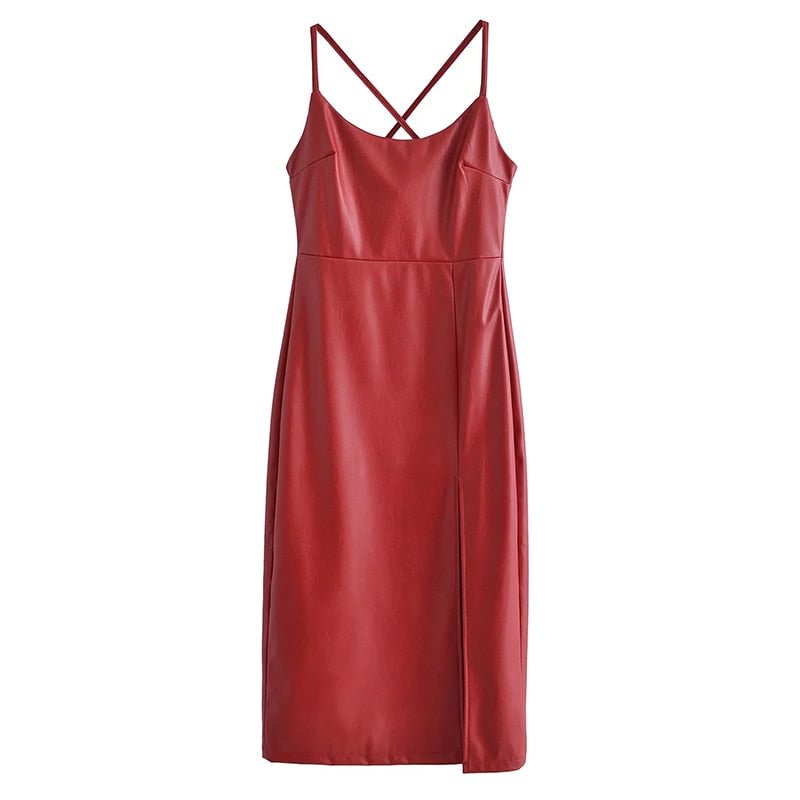 Aachoae Women Sexy Spaghetti Strap Side Split Long Dresses Red Color Pu Faux Leather Midi Dresses Female Club Party A Line Dress