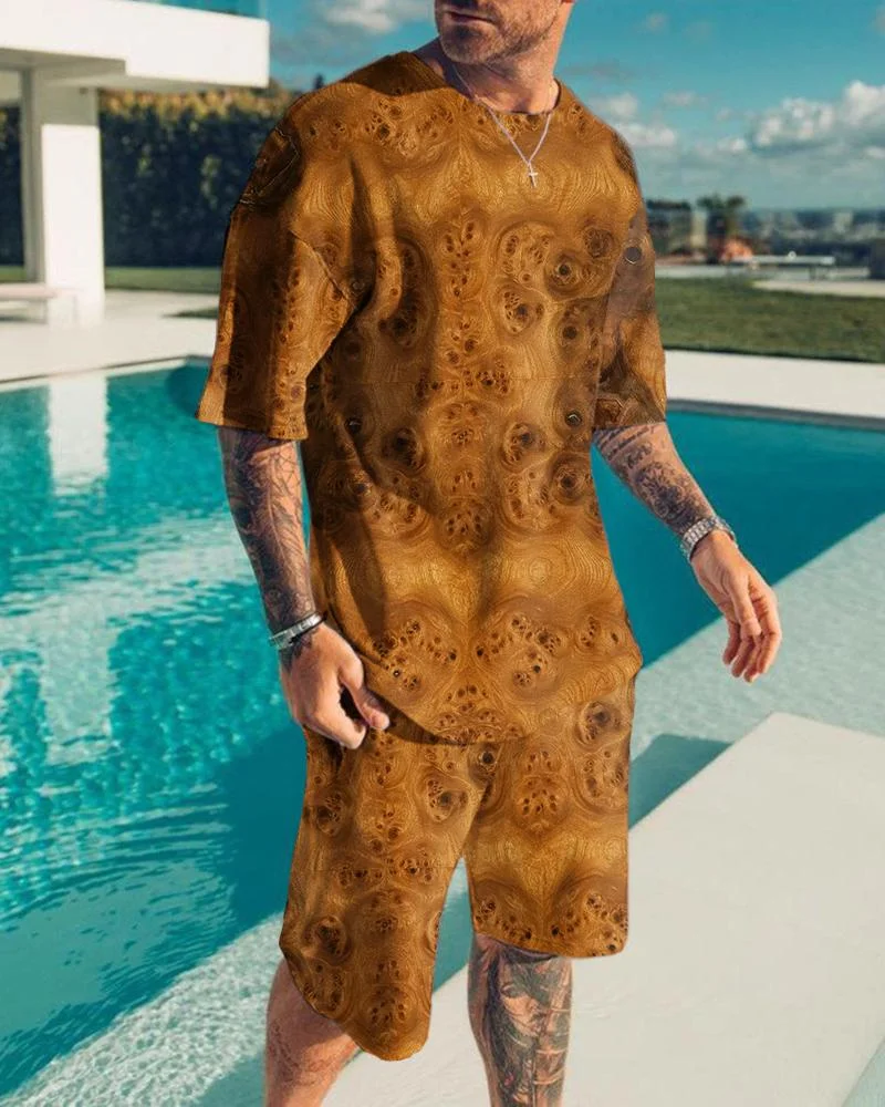 Men's Holiday Brown Irregular Print Shorts Suit