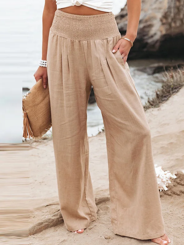 Simple Casual Solid Color Ramie Cotton Wide Legs Pants