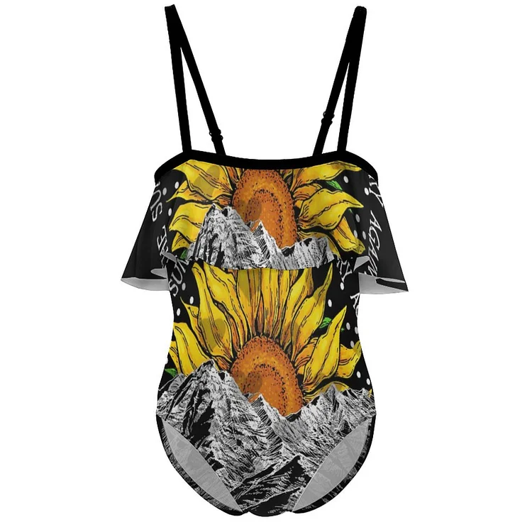 Children's Off-shoulder Swimsuit Oil Painting, Flowers, Wood Engraving