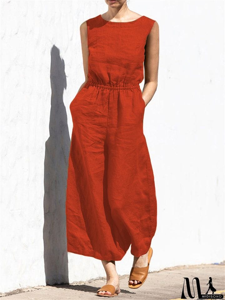 MidiSono - Summer Solid High Waist Sleeveless Lady Fashion Classy Jumpsuit