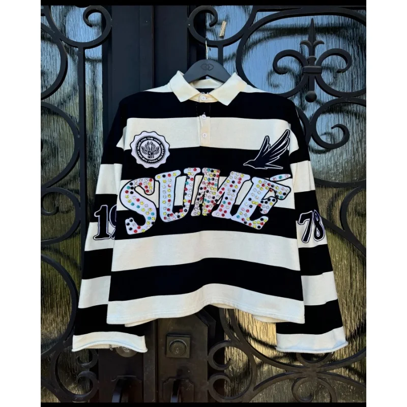 Aonga Y2k Retro Fashion Classic Lapel Neck Shirt Long Sleeved T Shirt Sume Autumn Men Hip Hop Klein Stone Embroidery Stripe Polo Shirt aonga