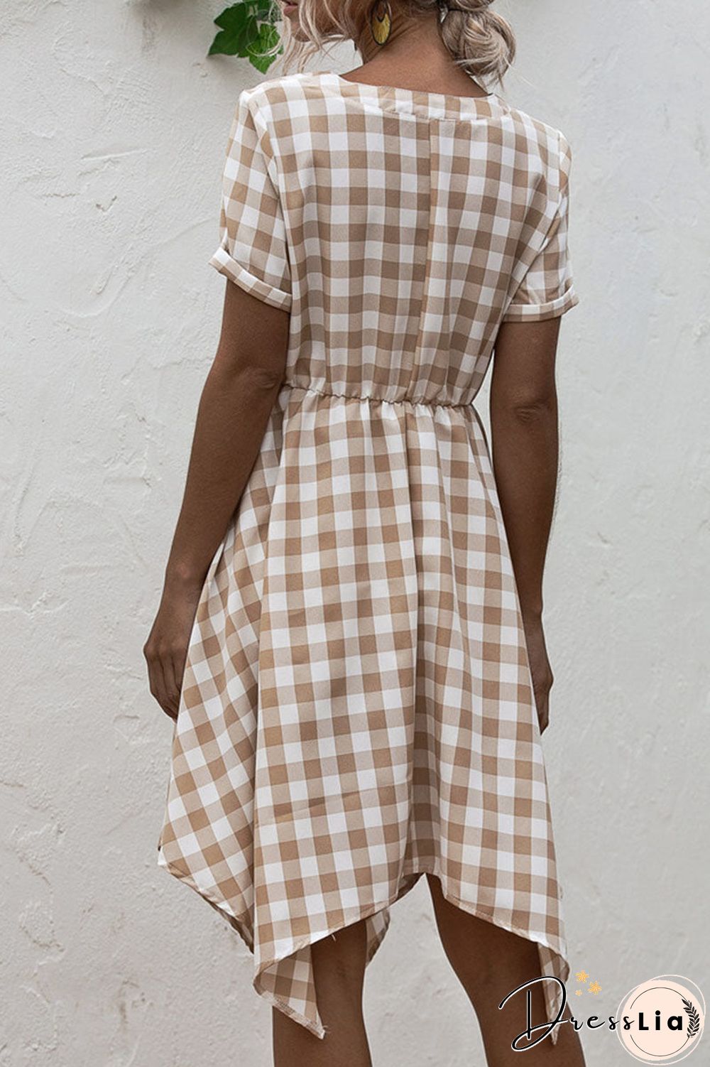 Fashion Casual Plaid Split Joint V Neck Irregular Dress Dresses