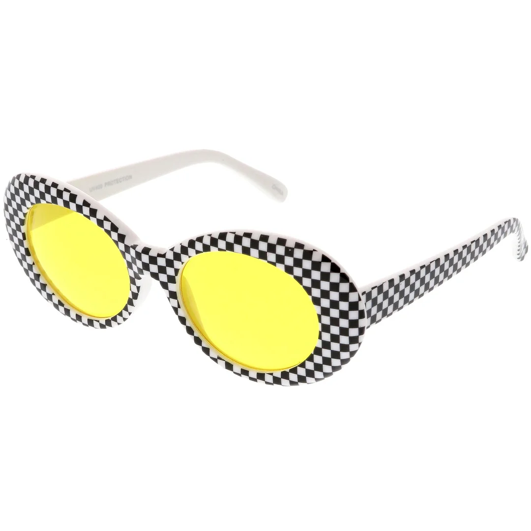 Large Retro Checkered Oval glasses Thick Frame Colored Lens Wide Arms 53mm