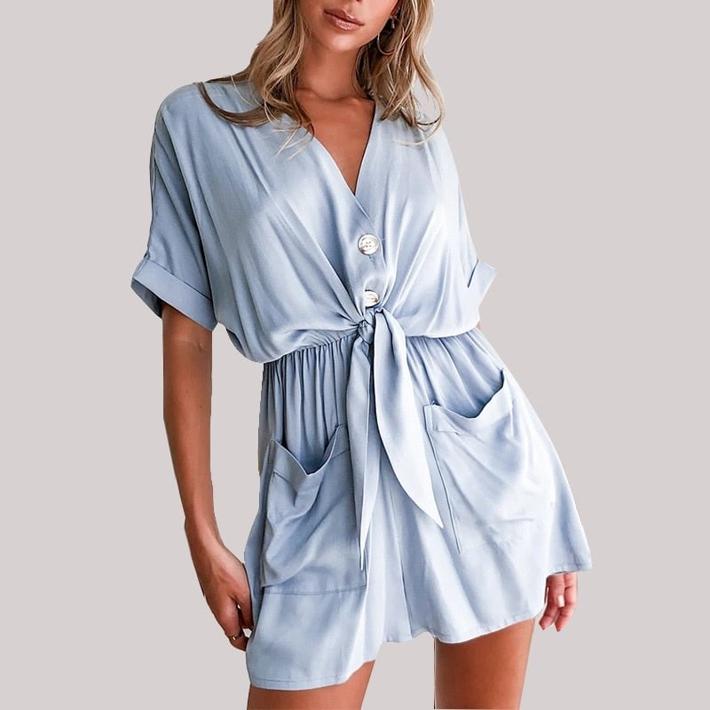 Women Summer Casual Buttons Jumpsuits 2021 Fashion Solid Pockets Jumpsuit With Belt V-Neck Short Sleeve Female Rompers Playsuit