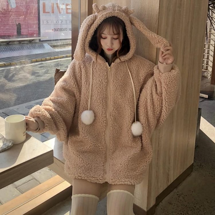 Kawaii Bunny Ears Hoodie Coat - Plush Hooded with Rabbit Ears - Modakawa Modakawa