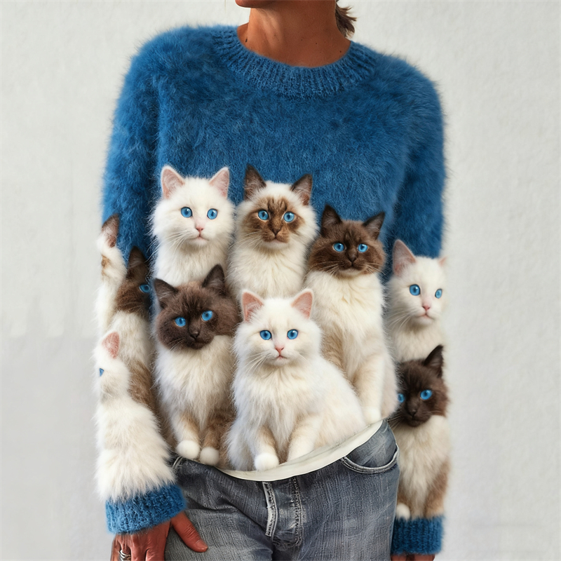 Classy Fuzzy Blue Eyed Cats Art Cozy Knit Sweater elevenforest