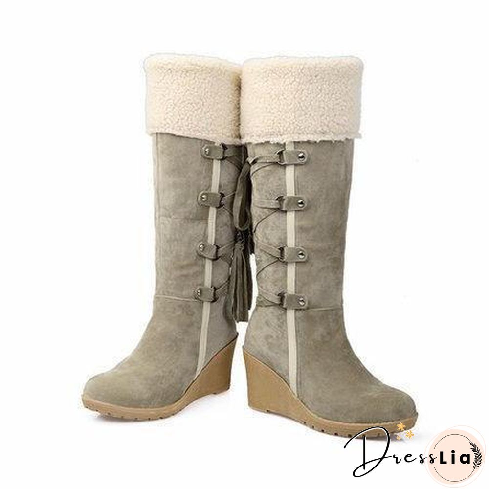 Womens Fashion Lace Round Toe Scrub High Heel Snow Boots