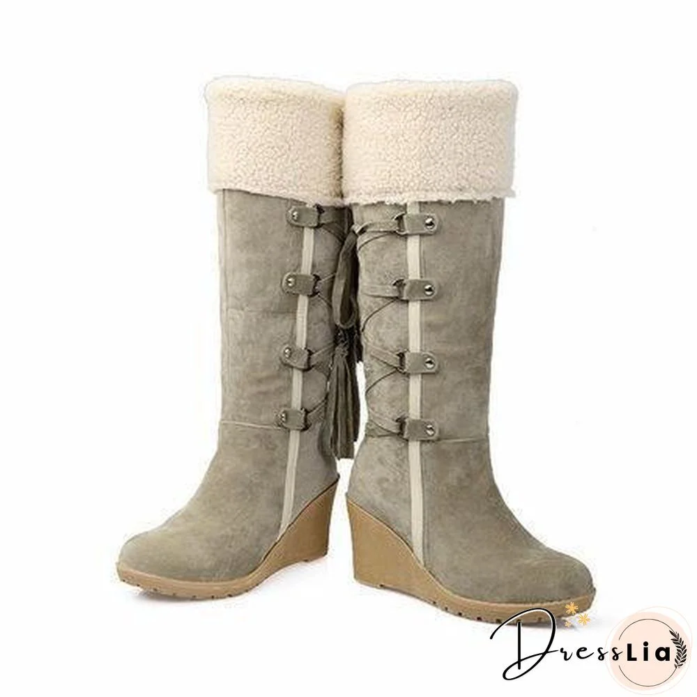 Womens Fashion Lace Round Toe Scrub High Heel Snow Boots