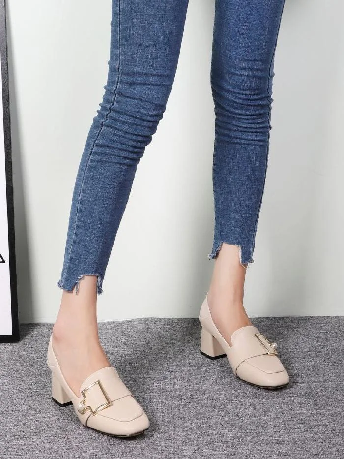 Season pearl buckle high-heeled thick heel popular two-wear shoes