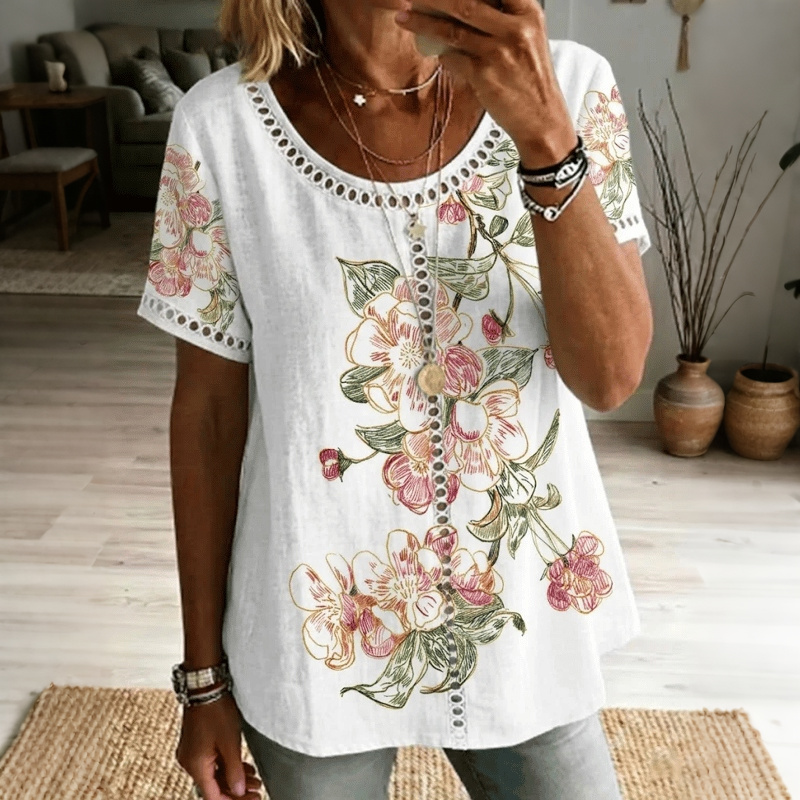 Comstylish Women's Retro Floral Print Cotton Linen Casual Round Neck Short Sleeve T-shirt