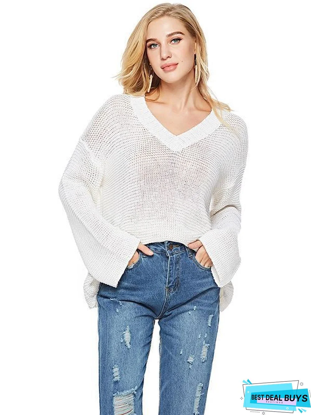Sexy Long Sleeve Solid Color V-Neck Sweater Tops