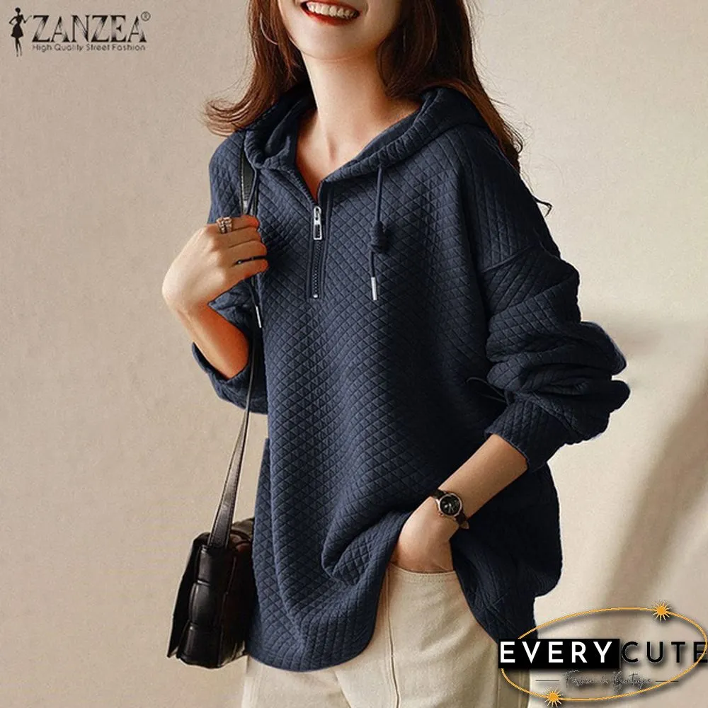 Spring Autumn Warm Fashion Women Zipper Long Sleeve Blouse Sweatshirt Oversized Casual