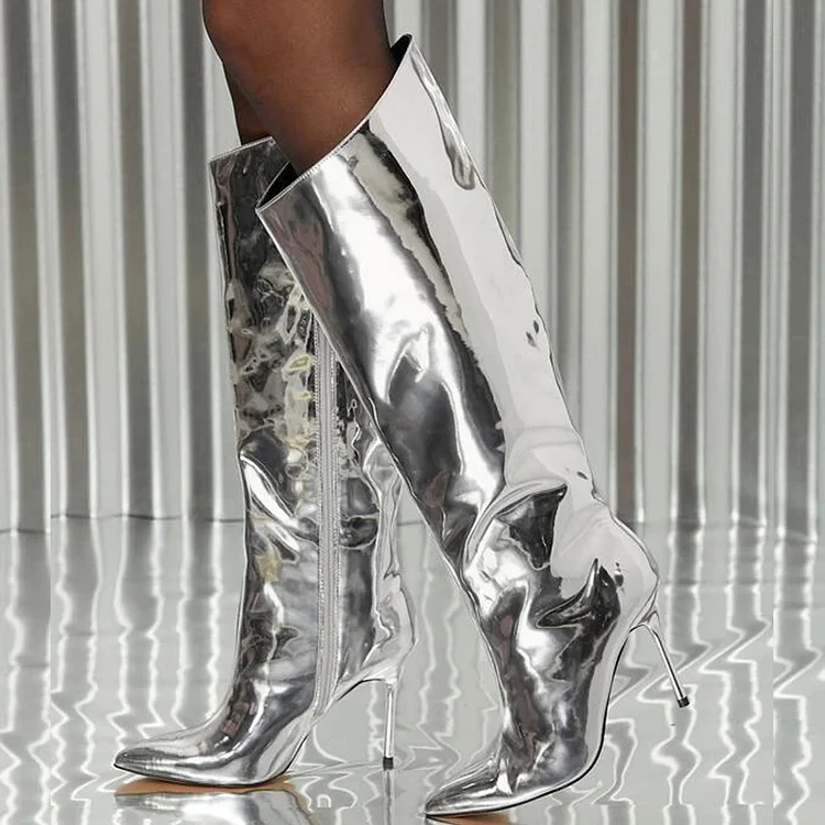 Silver Mirror Pointed Stiletto Heel Knee-high Booties Vdcoo