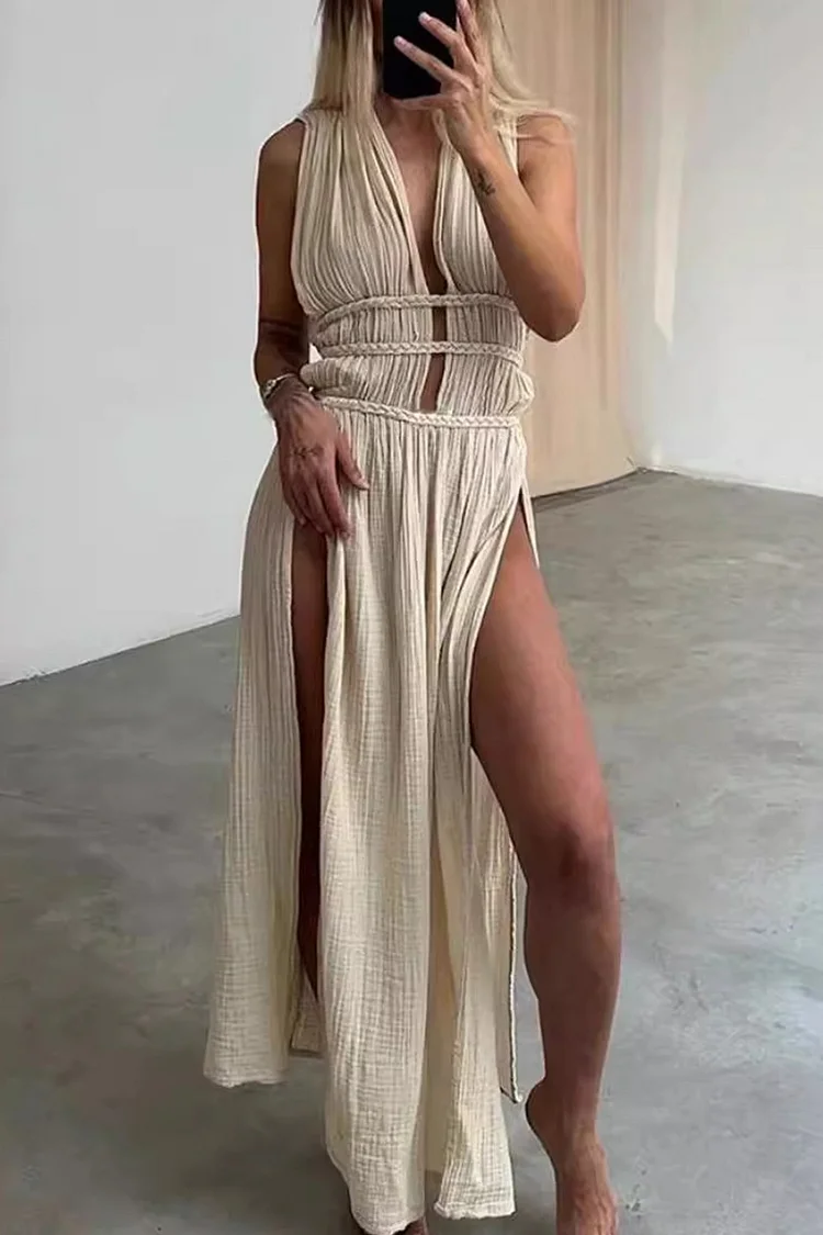 Cotton Linen Braided Belt Cutout Slit Maxi Dress