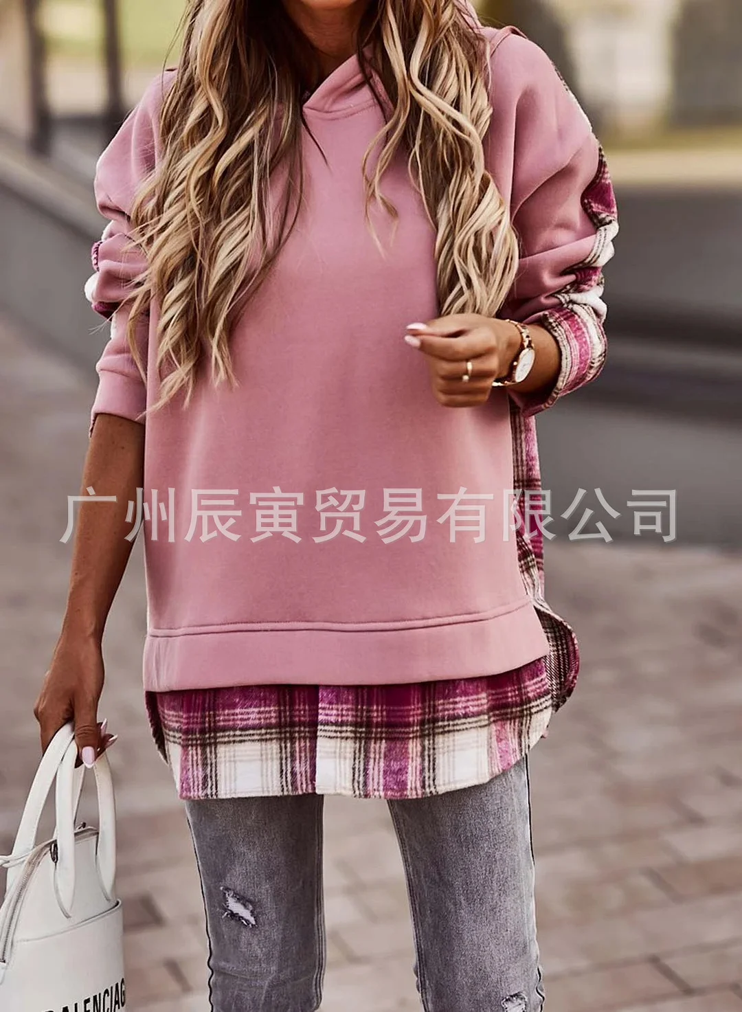 Toloer China Winter Hipster Women's Wear Niche Design Sense Plaid Splicing Sleeve Long Sleeve Round Collar Hoodie Female-Outfit Ideas