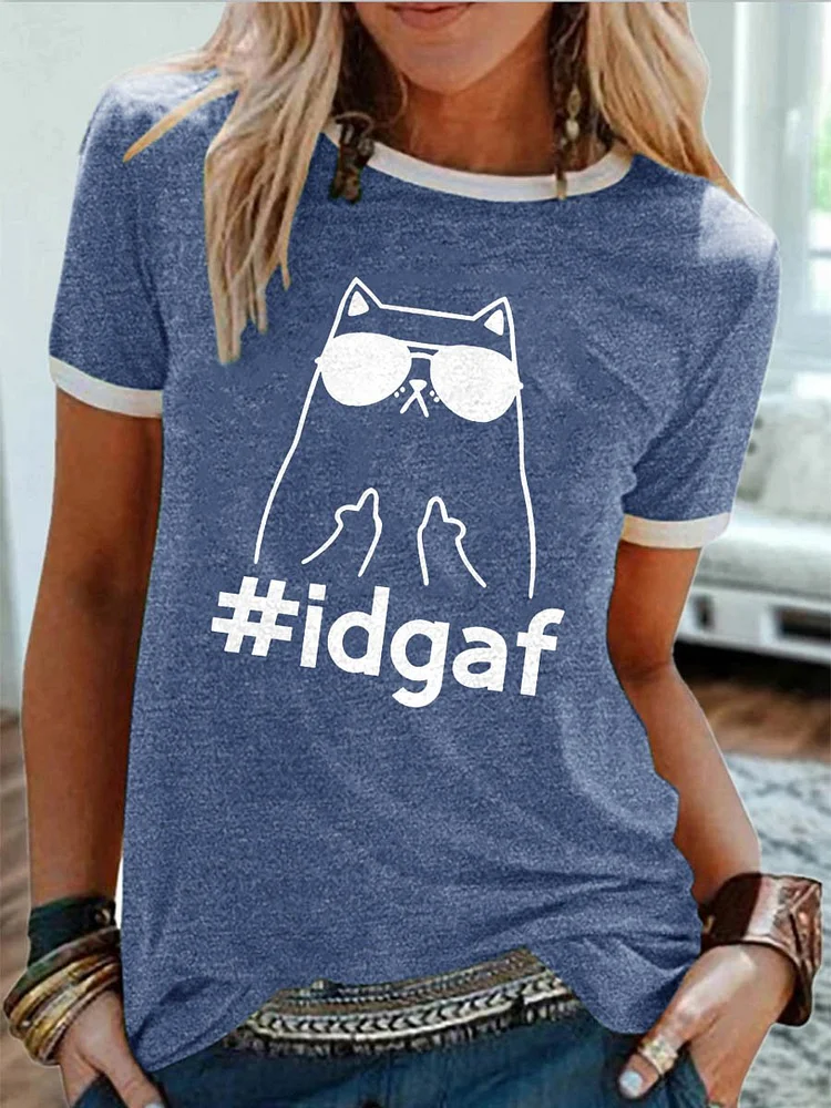 Bestdealfriday Idgaf Cat Graphic Round Neck Short Sleeve Tee