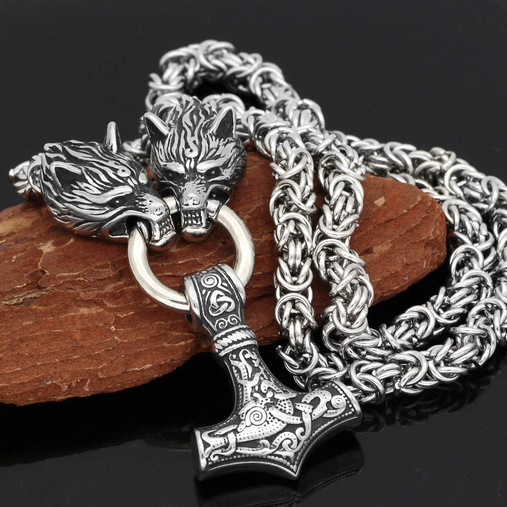Men Stainless Steel Wolf Head Norse Viking Amulet Thor Mjolnir Necklace King Chain