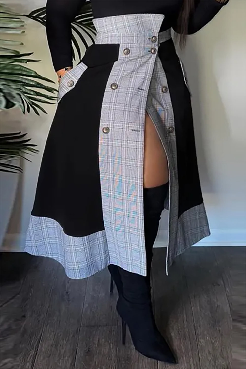 Plus Size Business Casual Skirt Grey Split Patchwork High Waist Skirt