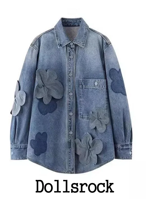 Plus Size Blue Button Pockets Denim Coats Long Sleeve