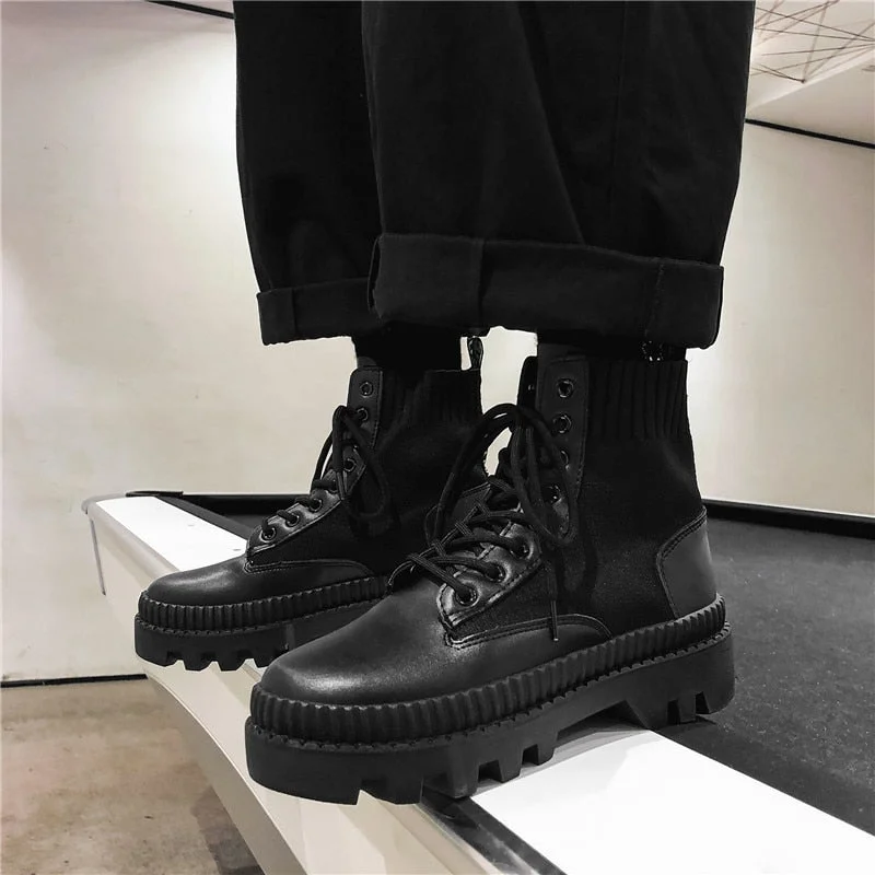 Inongge Ankle Boots Men Autumn Winter Elastic High Top Boots Male Punk Style Shoe Men Lace-up Casual Botas Motorcycle Unisex Boots