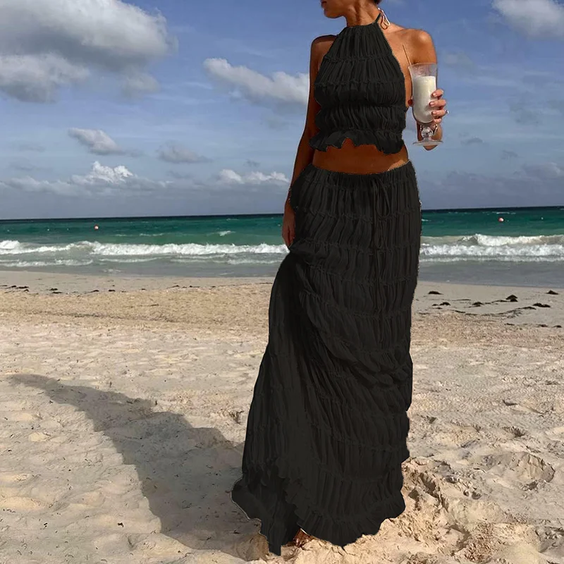 Women Boho Sexy Backless Matching Suit 2 Piece Beach Holiday Outfits Vintage Ruched Halter Cami Tops + Maxi Long Skirt Party Set