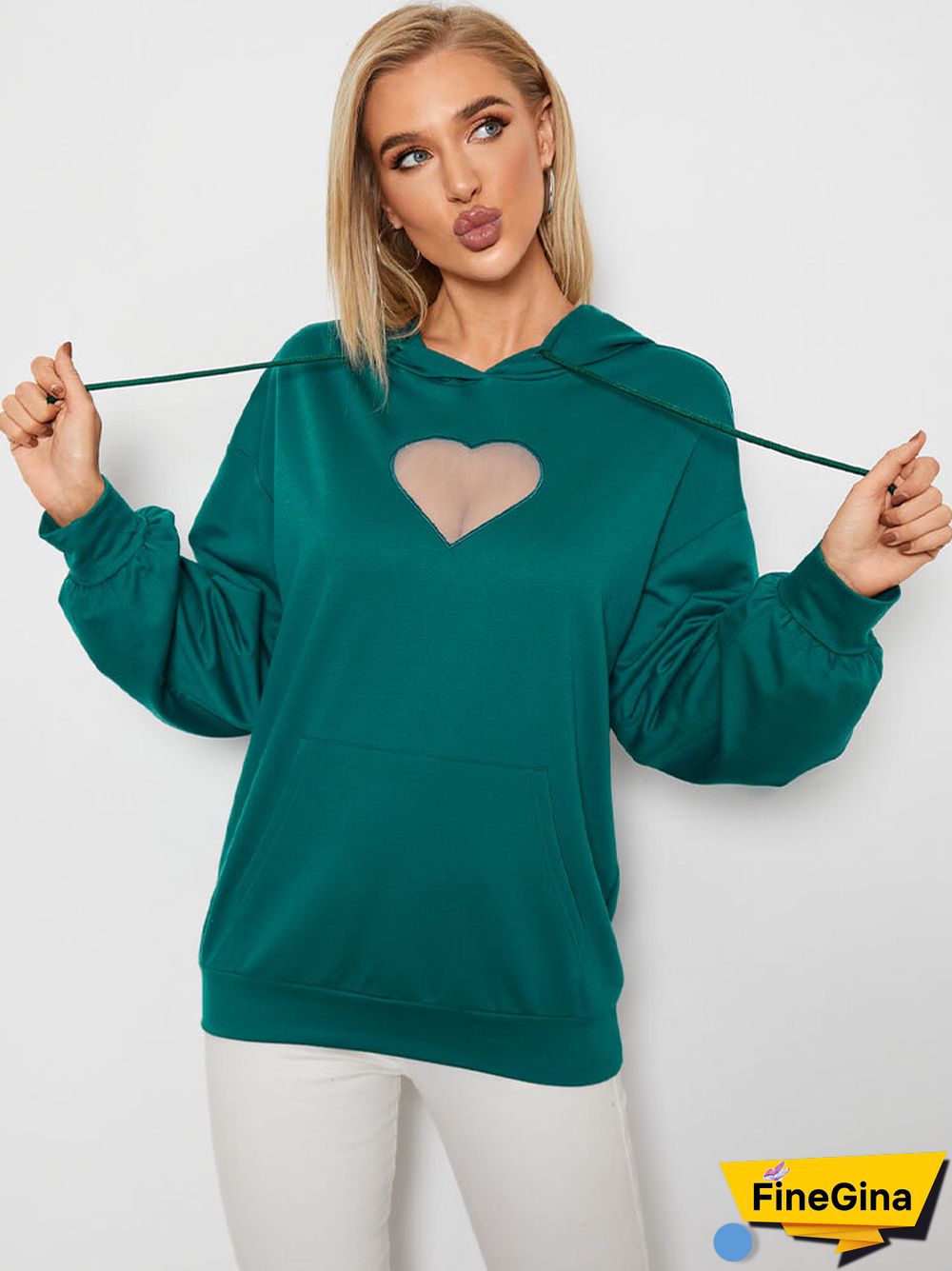 Heart Mesh Kangaroo Pocket Drawstring Loose Hoodie