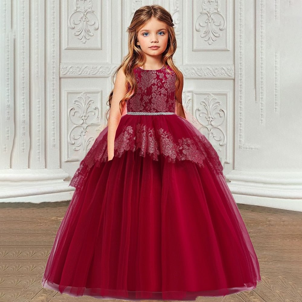 Lace Formal Dress for Girls Costume Embroidery Wedding Princess Children Tailing Girls Dress Tutu Host Flower Party Kid Clothes