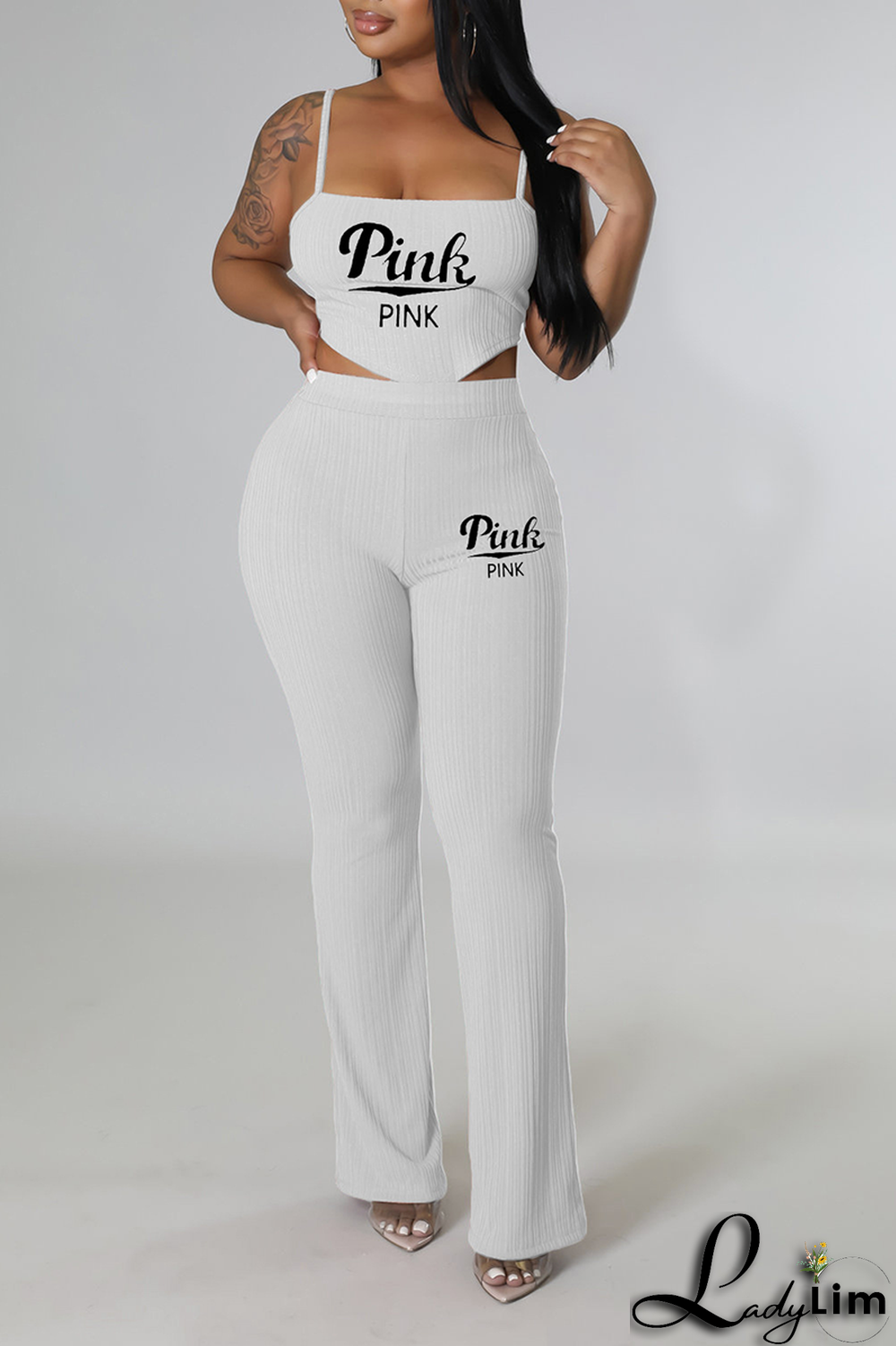 Orange Casual Print Letter Spaghetti Strap Sleeveless Two Pieces