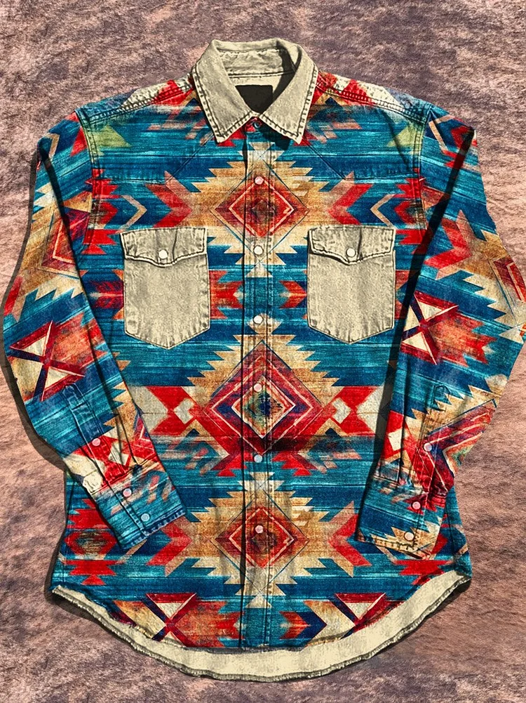 Vintage Western Style Ethnic Art Pattern Print Casual Shirt