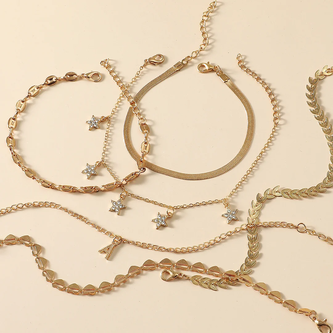 Multi-Element Gold-Plated Bracelet Star, Zirconia, Heart, Leaf Set