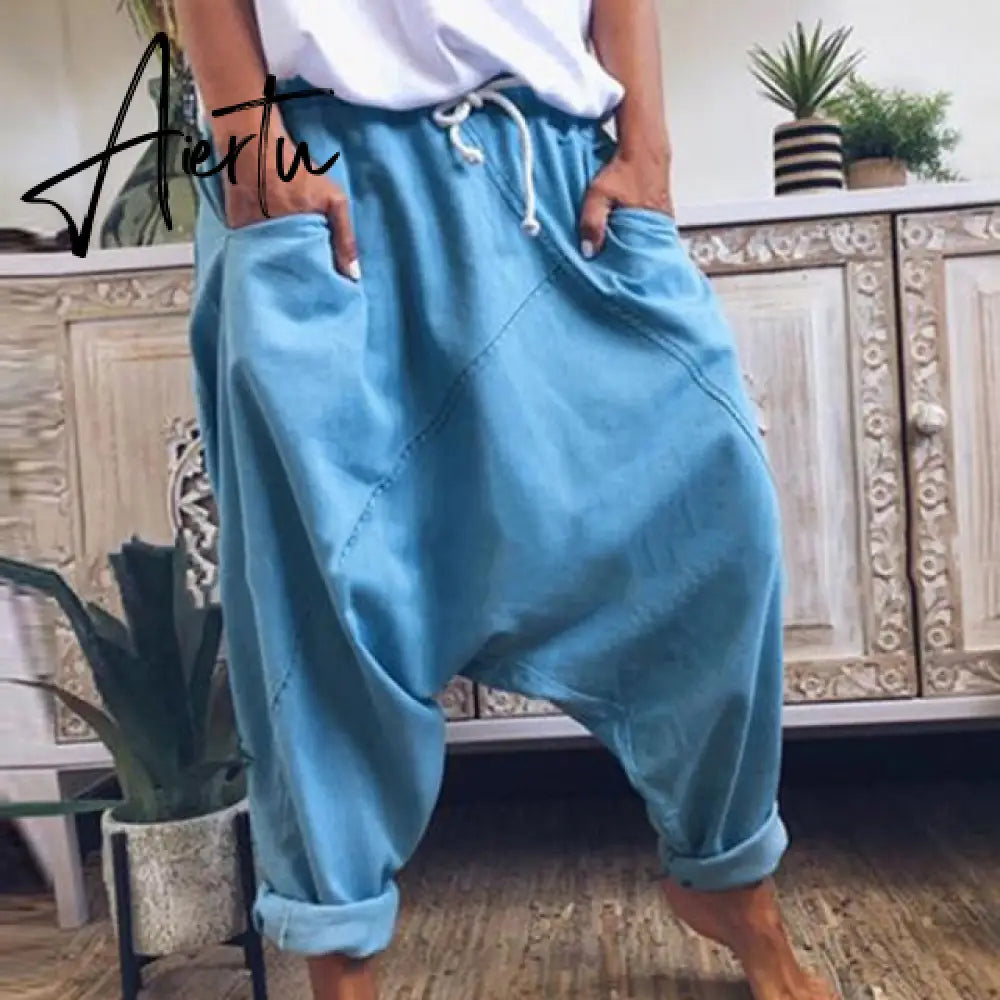 Aiertu Women Harem Pants Trousers Boho Mid Waist Pants Women Solid Check Pants Baggy Wide Leg Casual Capris Aiertu
