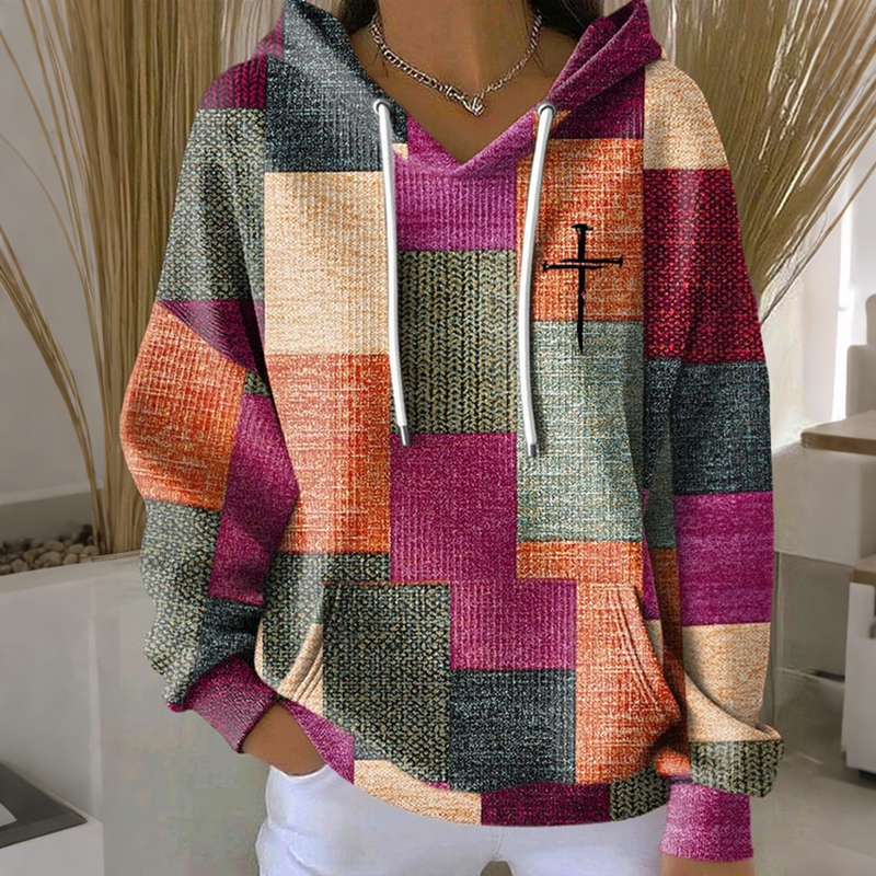 Women's Retro Geometric Faith Print Long Sleeve Casual Hoodie wearshes
