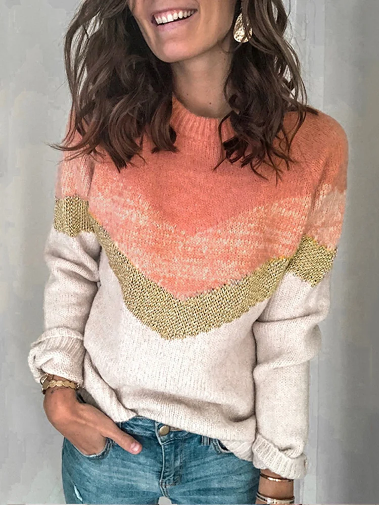 Contrast Panel Pullover Crewneck Raglan Sleeve Sweater