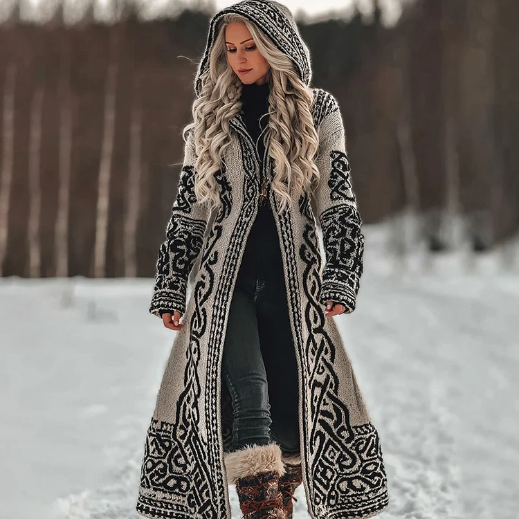 Women's Vintage Style Celtic Knot Knitted Jacquard Long Hooded Cardigan