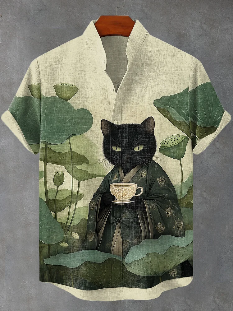 Men's Lotus Pond Japanese Kimono Cat Tea Art Print Shirt