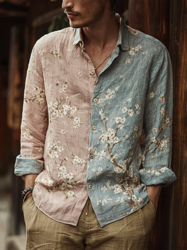 Bohemian Retro Style Floral Print Men's Long-sleeve Shirt  artssus