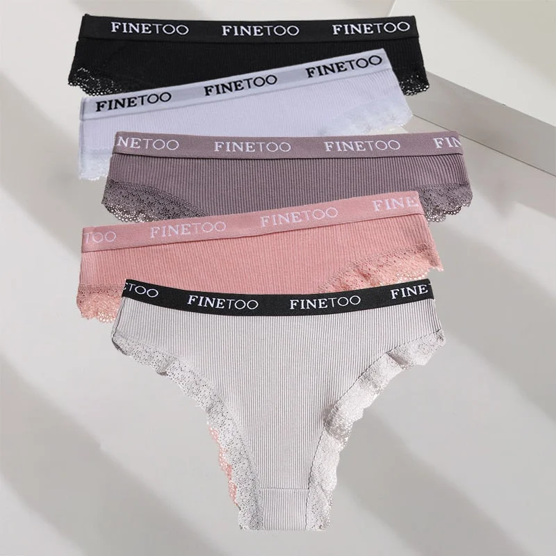 FINETOO 5PCS/Set M-XXL Cotton Panties Women's Letter Thong  Girls Brazilian Panty Sexy Lace Underwear For Woman Lingerie Bikini