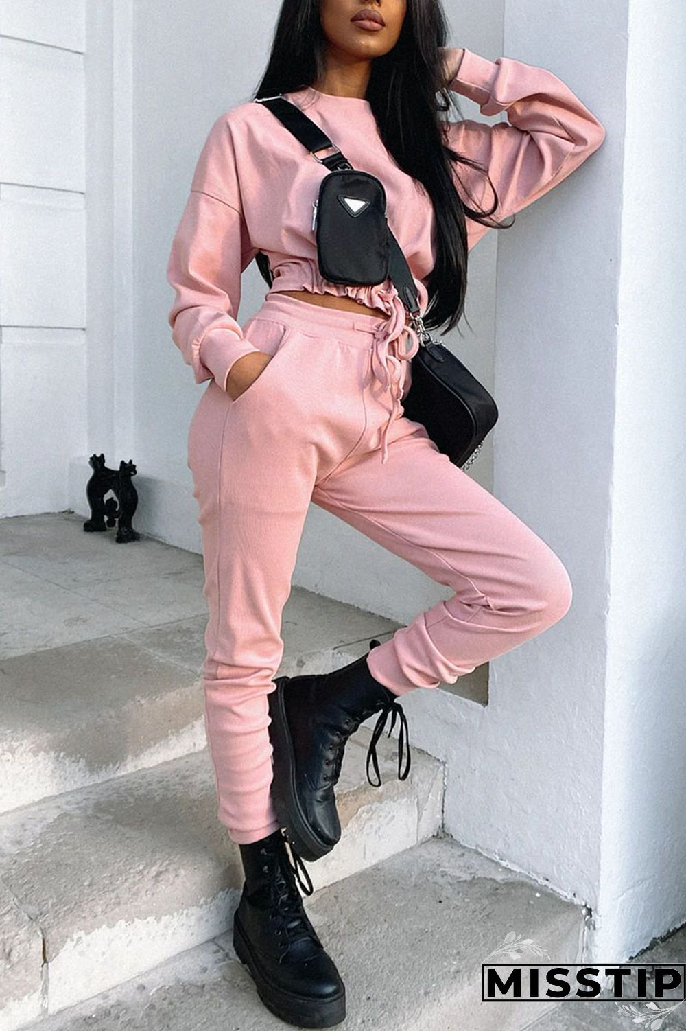 Grey Work Daily Solid Patchwork O Neck Long Sleeve Two Pieces