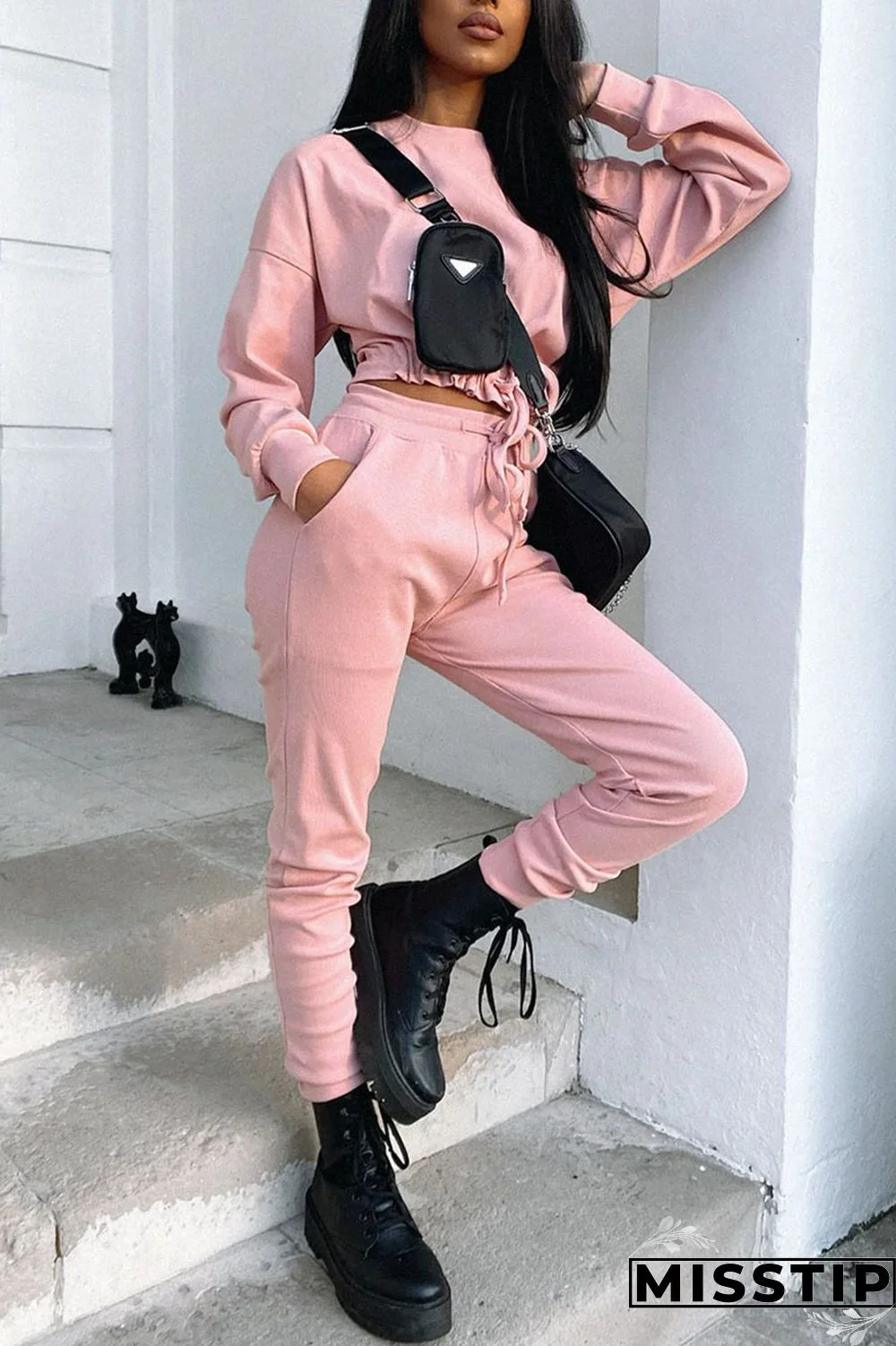 Grey Work Daily Solid Patchwork O Neck Long Sleeve Two Pieces