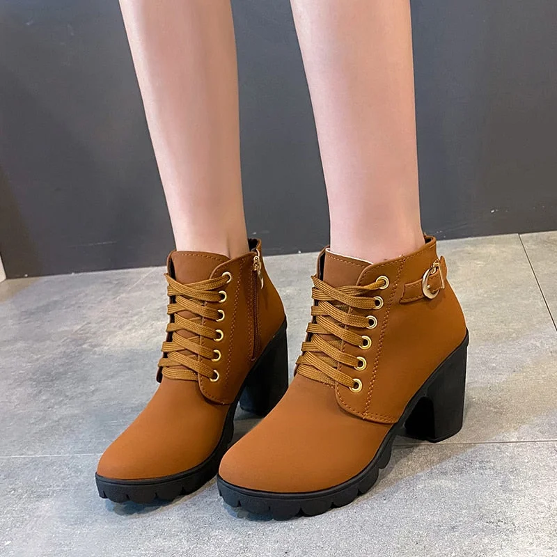 New Spring Winter Women Pumps Boots High Quality Lace-up European Ladies Shoes PU High Heels Boots Fast Delivery