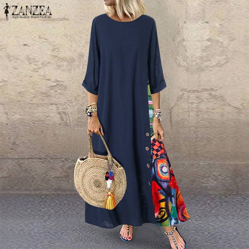 Vintage Stitching Dress Women's Maxi Sundress ZANZEA 2022 Casual 3/4 Sleeve Summer Vestidos Female O Neck Floral Robe
