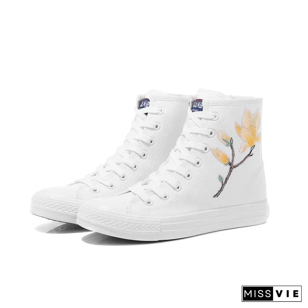 Vintage Blossom Embroidery Lace Up Zipper Canvas Shoes