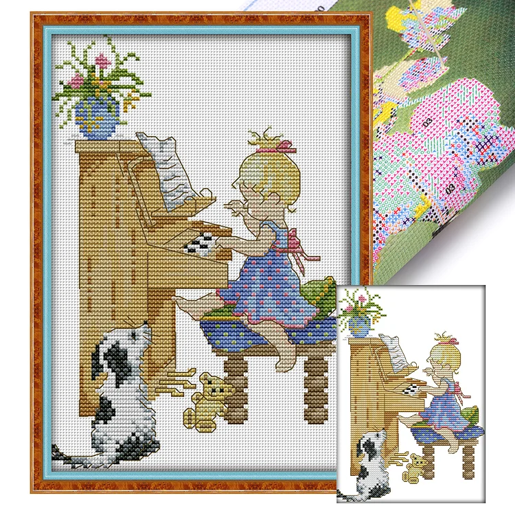 Joy Sunday-Little Girl Playing Piano (19*27cm) 14CT Stamped Cross Stitch gbfke