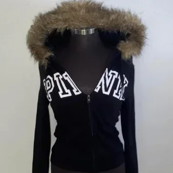 Aonga Skull Gothic pattern printed plush hat warm winter clothes zipper hoodies for women American vintage Y2K trendy niche sweatshirt aonga