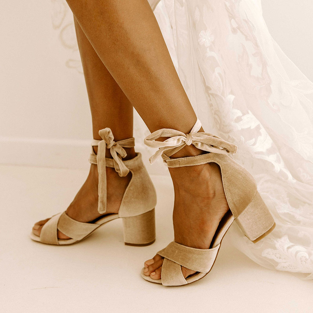 Nude Velvet Block Heel Sandals Open Toe Cross Strap Wedding Shoes