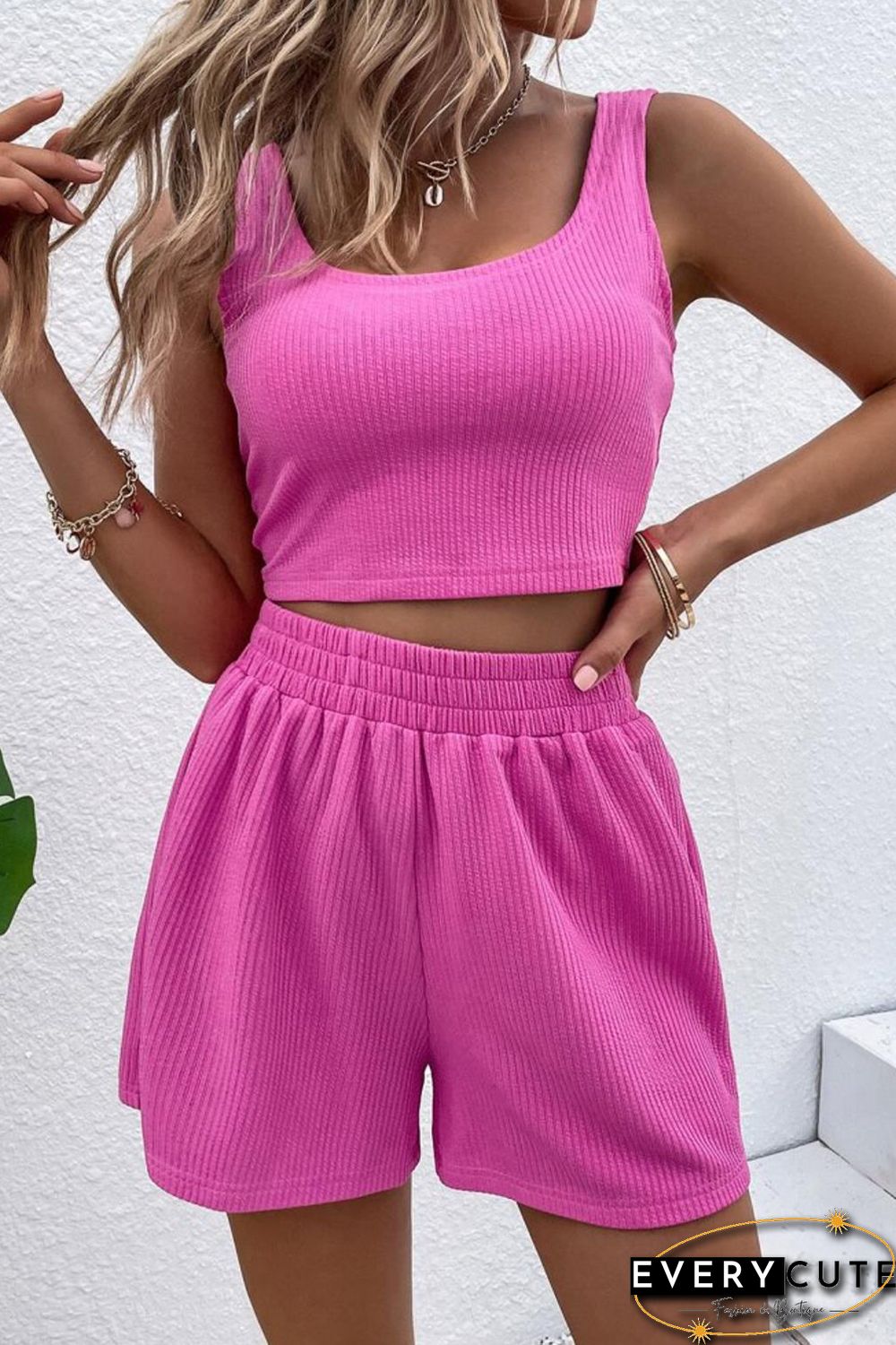 Rose Rib Knitted Sleeveless Crop Top and Elastic Waist Shorts Set