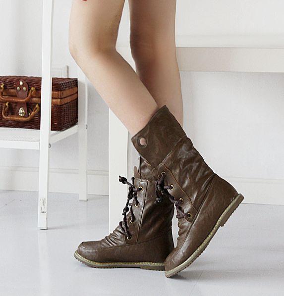 VCSHOES Warm Roman Motorcycle Round Toe Plat Lace Up Short Boots