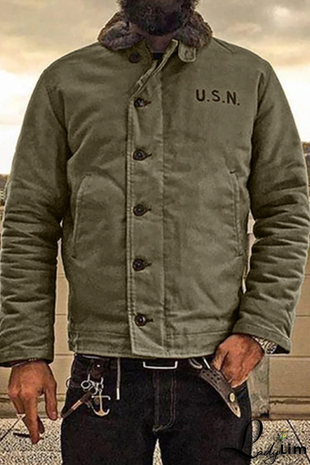 Black Fashion Casual Letter Pocket Buckle Turndown Collar Outerwear