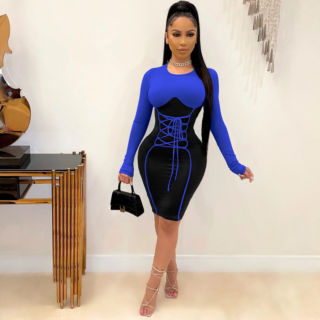 CM.YAYA Women Lace Up Long Sleeve High Waist Tunic Patchwork Bodycon Midi Knee Length Dress Sexy Night Party Pencil Dresses